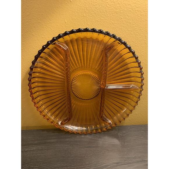 Old Indiana Colony Glass Amber Ribbed 4 Section Divided 10" Serving Plate Tray - Picture 2 of 6